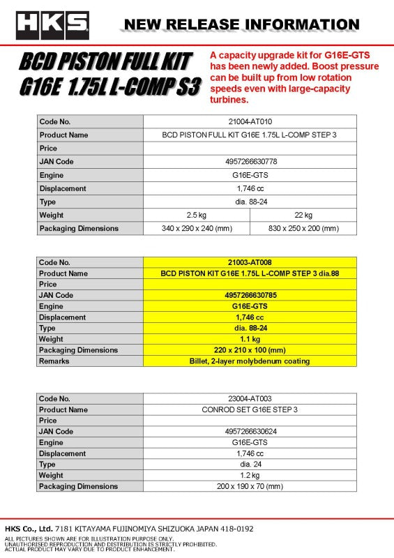 HKS BCD Piston Kit G16E 1.75L L-Comp S3 D88