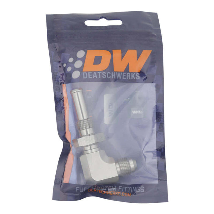 DeatschWerks 6AN Male Flare to 90-Degree 3/8in Single Hose Barb - Anodized DW Titanium