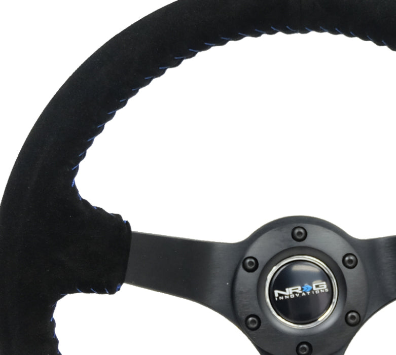 NRG Reinforced Steering Wheel (350mm / 3in. Deep) Blk Suede/Blue BBall Stitch w/5mm Matte Blk Spokes