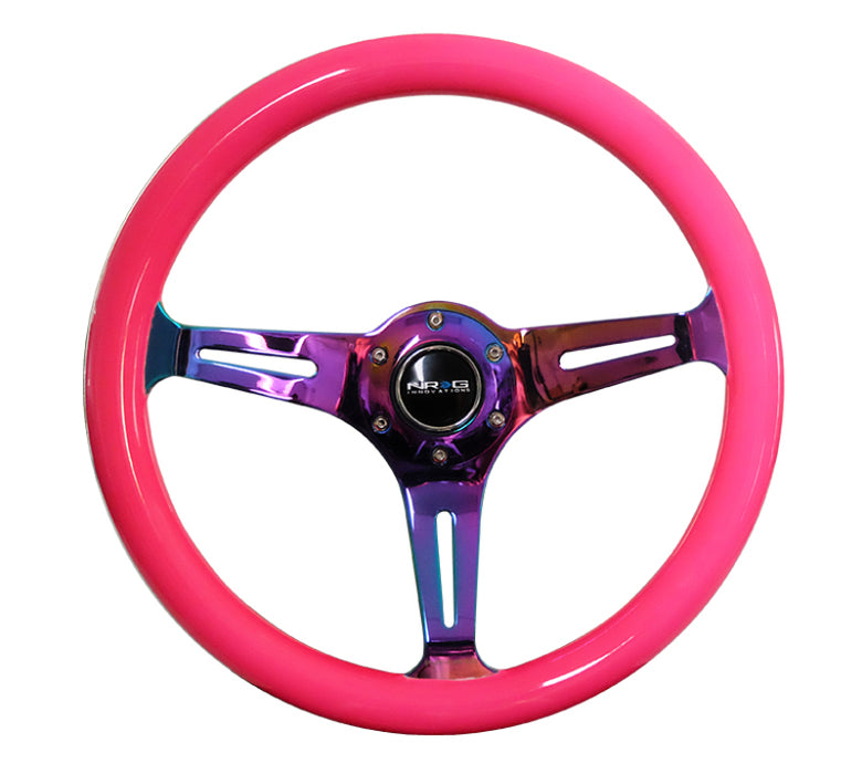 NRG Classic Wood Grain Steering Wheel (350mm) Neon Pink Painted Grip w/Neochrome 3-Spoke Center