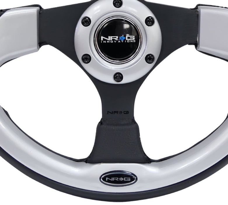 NRG Reinforced Steering Wheel (320mm) Blk w/Silver Trim & 5mm 3-Spoke