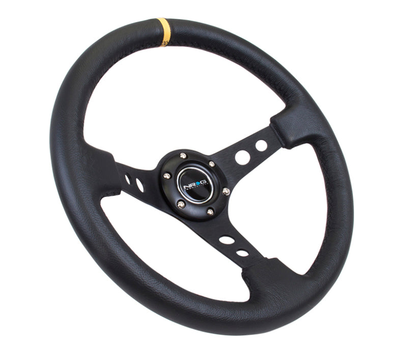 NRG Reinforced Steering Wheel (350mm / 3in. Deep) Blk Leather w/Blk Cutout Spoke/Yellow Center Mark